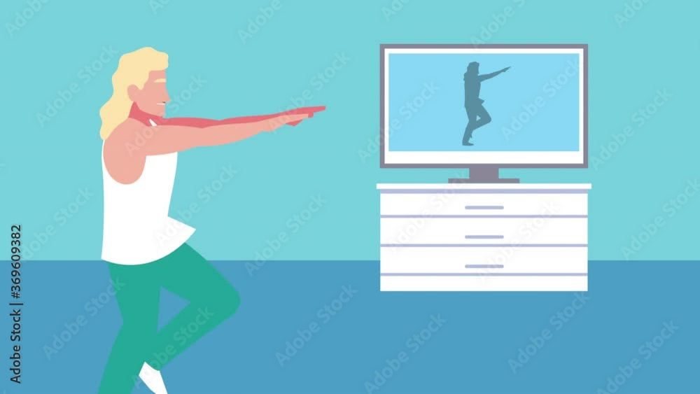 Sticker young woman practicing exercise with tv online character