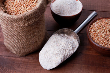 Metal scoop and bowl with wholegrain flour powder, sack of wheat grains on brown wooden table. High angle, closeup. Harvest, food, ingredient, baking concept