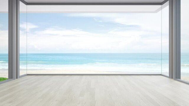 Sea view large living room of luxury summer beach house with big glass window and wooden floor. Interior 3d illustration in vacation home or holiday villa.