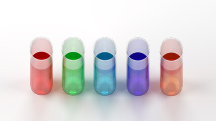 Colored liquids in five test tubes on top view 3D rendering illustration