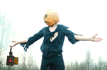 Halloween Scarecrow with a pumpkin on his head in black rags with a discontented face