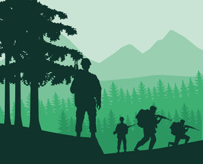 Fototapeta na wymiar soldiers figures silhouettes in the jungle scene