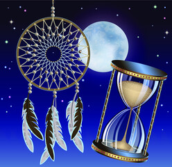 Vector illustration of dream catcher hourglass night mystical background of the magical world