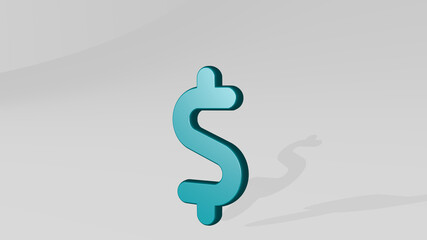 CURRENCY DOLLAR made by 3D illustration of a shiny metallic sculpture with the shadow on light background. business and concept