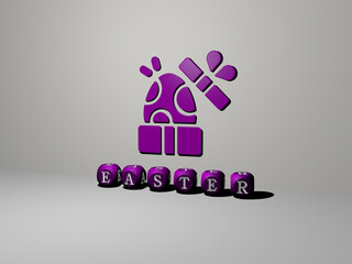 3D representation of EASTER with icon on the wall and text arranged by metallic cubic letters on a mirror floor for concept meaning and slideshow presentation. background and illustration