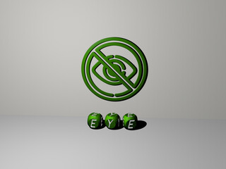 3D representation of eye with icon on the wall and text arranged by metallic cubic letters on a mirror floor for concept meaning and slideshow presentation. background and illustration