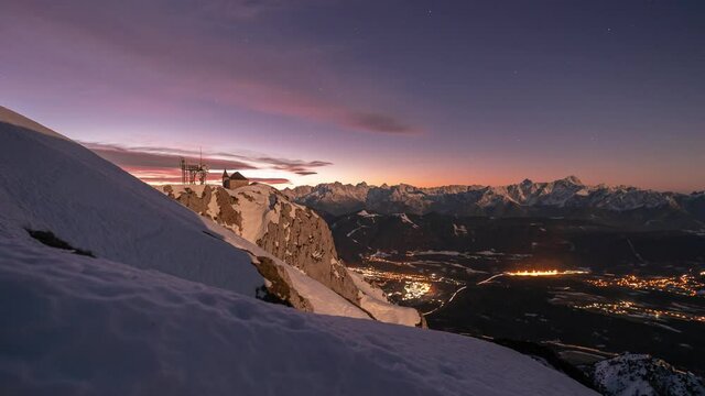 Moonset, then Sunrise with Sunflaire, Wintertime in Austria at Dobratsch Mountain