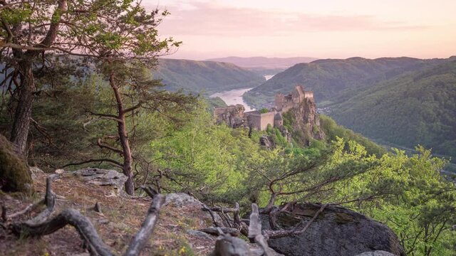Castle Aggstein in Austria at Sunset with Trees and River Donau