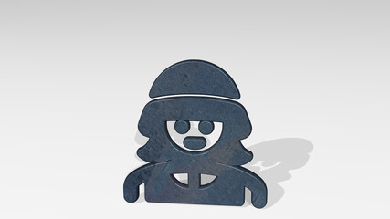 army woman casting shadow from a perspective. A thick sculpture made of metallic materials of 3D rendering. illustration and military