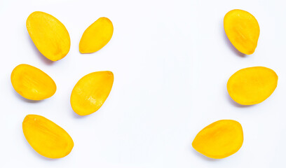 Tropical fruit, Mango slices on white background.