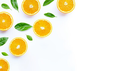 High vitamin C, Juicy and sweet. Fresh orange fruit with green on white background.