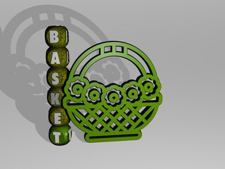 3D graphical image of basket vertically along with text built around the icon by metallic cubic letters from the top perspective. excellent for the concept presentation and slideshows. background