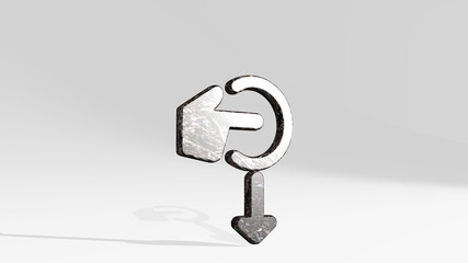 GESTURE TAP SWIPE DOWN casting shadow with two lights. 3D illustration of metallic sculpture over a white background with mild texture. hand and business