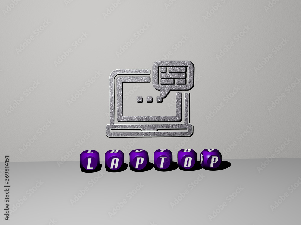 Fototapete 3d illustration of laptop graphics and text made by metallic dice letters for the related meanings o
