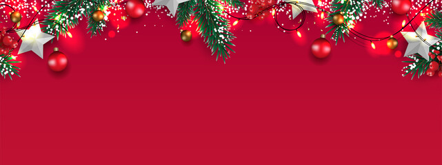 Christmas border with pine tree branch, white snow, Christmas balls, star, and sparkling lights isolated on red background. Copy space. Xmas holidays banner. Vector illustration.