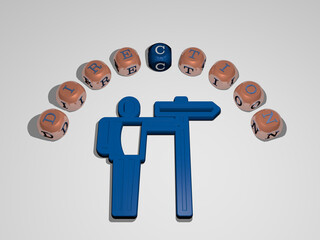 3D illustration of DIRECTION graphics and text around the icon made by metallic dice letters for the related meanings of the concept and presentations. background and arrow
