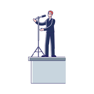 recommend clip art: Speaker talking from tribune. Business man speech during conference or political debates