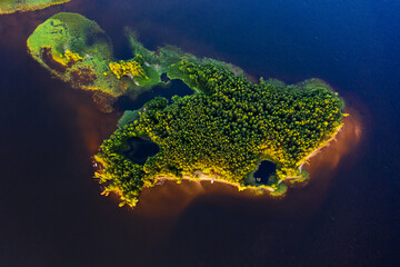 Aerial view of the green island on the river of Kama in Russia
