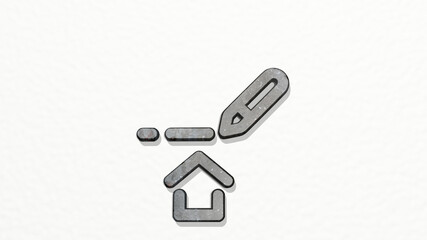 PROJECT PLAN PEN on the wall. 3D illustration of metallic sculpture over a white background with mild texture. business and design