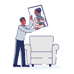 Man hang female portrait in frame on wall in living room. Canvas picture of beautiful woman