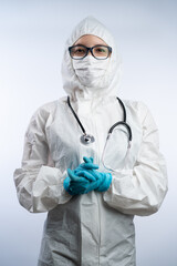 Asian female doctors wear face mask, gloves and glasses. covid19 concept.