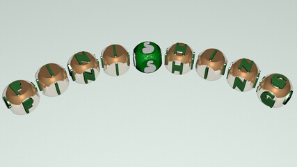 crosswords of finishing arranged by cubic letters on a mirror floor, concept meaning and presentation. background and illustration