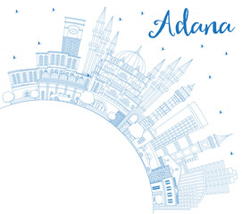 Outline Adana Turkey City Skyline with Blue Buildings and Copy Space.