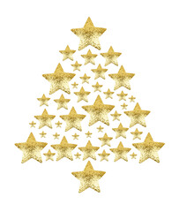 Golden Christmas tree made of shiny stars white background isolated closeup, gold stars in shape of decorative New Year pine, xmas decoration, holiday greeting card pattern, festive banner, copy space