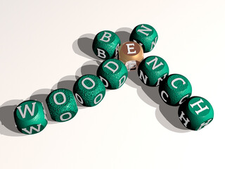 combination of wooden bench built by cubic letters from the top perspective, excellent for the concept presentation. background and table