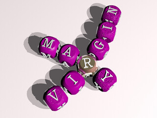 crosswords of VIRGIN MARY arranged by cubic letters on a mirror floor, concept meaning and presentation. church and architecture