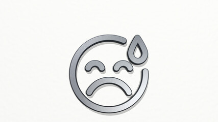 SMILEY DROP from a perspective on the wall. A thick sculpture made of metallic materials of 3D rendering. illustration and face