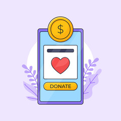 Charity undraising application vector outline illustration. Donation mobile app interface with gold coin icon.