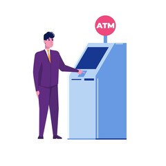 Man standing near atm machine.Vector flat style illustration.