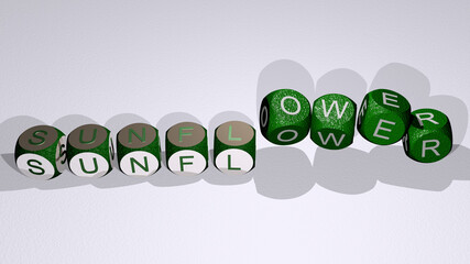 sunflower combined by dice letters and color crossing for the related meanings of the concept. background and beautiful