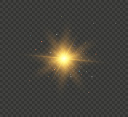 
The star burst into sparkles. Sunlight. Glow golden light sparks on a transparent background. Blur vector sequins design collection. Explosive flash, sun, flash and brilliant cloud.