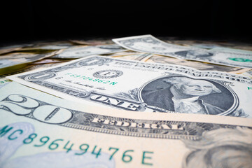 Close-up view of various banknotes of the US dollar