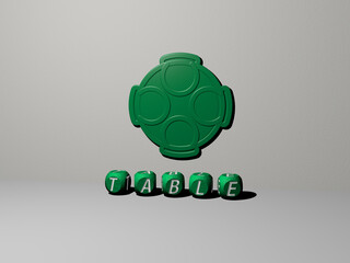 3D graphical image of TABLE vertically along with text built by metallic cubic letters from the top perspective, excellent for the concept presentation and slideshows. background and wooden