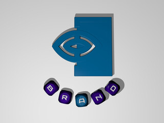 3D representation of brand with icon on the wall and text arranged by metallic cubic letters on a mirror floor for concept meaning and slideshow presentation. illustration and logo