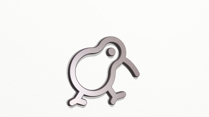 wild bird made by 3D illustration of a shiny metallic sculpture on a wall with light background. animal and nature