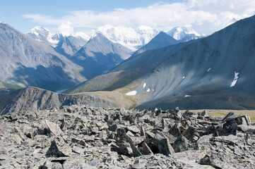 Summer view from Karatyurek mountain range with Belukha mountain in the background, the Altai Republic, Russia