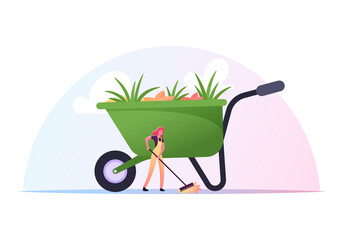 Volunteer Character in Working Overall Cleaning Garbage in House Yard or Park Racking, Collecting Trash, Planting Plants