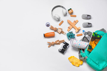 Travel accessories for children on white background