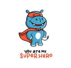 The cute logo of a Hippo in a Super hero costume.