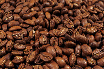 Roasted coffee beans background. Pacamara - sort of arabica