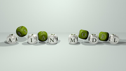 crosswords of asian model arranged by cubic letters on a mirror floor, concept meaning and presentation. background and beautiful