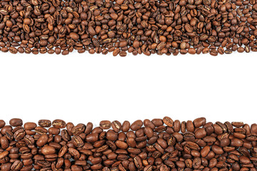 Roasted coffee beans. Two sorts of arabica on white background