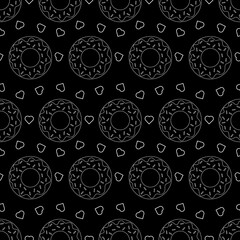 Donuts and hearts seamless pattern. Vector illustration.
