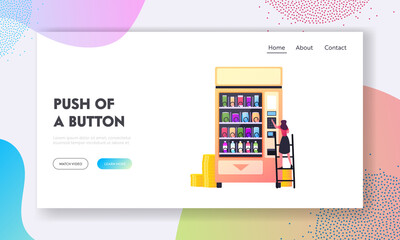 Vending Machine Food Retail Technology Landing Page Template. Tiny Female Character Put Coin for Buying Fastfood Snacks