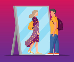 Man transgender looking in mirror and seeing woman. Imaginary reflection, concept of transgenderism. Boy and girl sexual orientation. LGBT pride, gender identity. Cartoon flat vector illustration