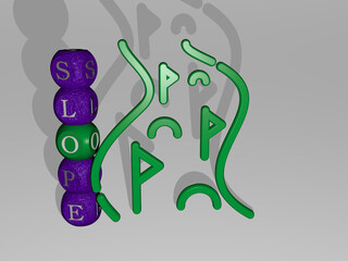 3D representation of SLOPE with icon on the wall and text arranged by metallic cubic letters on a mirror floor for concept meaning and slideshow presentation. mountain and blue